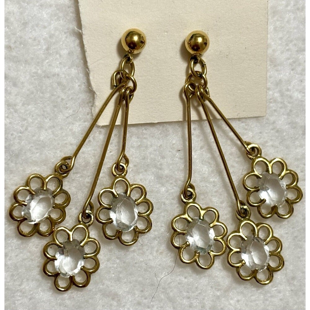 Vintage AVON Gold Tone Triple Flower Crystal Dangle Drop Earrings Signed